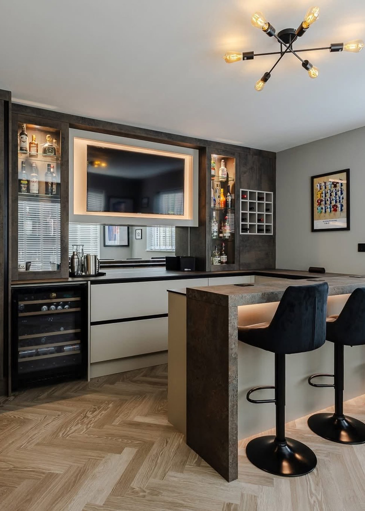 Bespoke fitted home bar and media space completed by CJS Interiors
